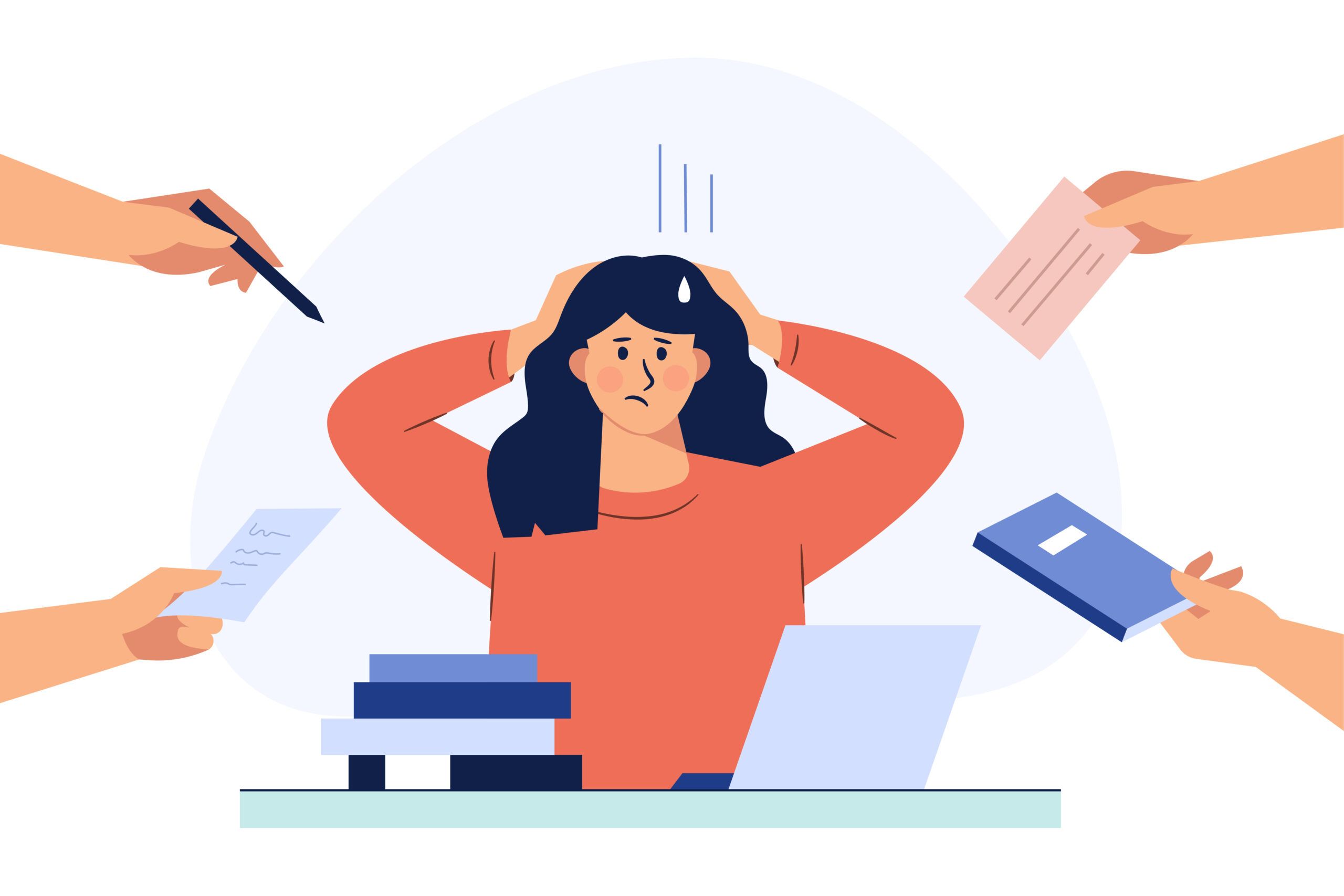 Persona afrontando estrés y sobrecarga laboral