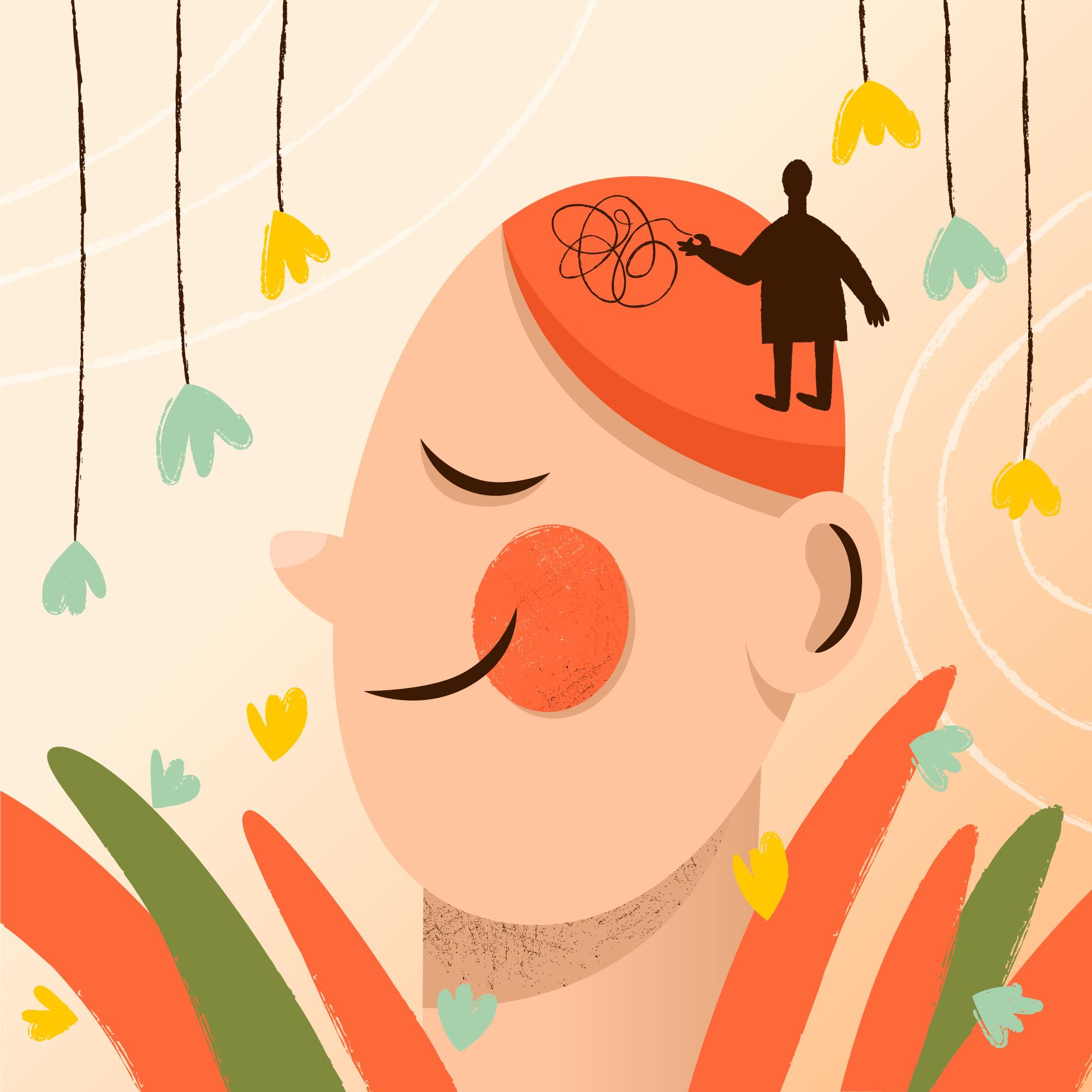 Persona meditando rodeada de flores y naturaleza, ilustración de bienestar emocional y terapia EMDR